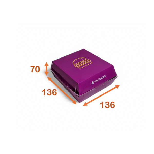 Purple Gorillabox burger box with yellow burger icon, size 136x136x70 mm