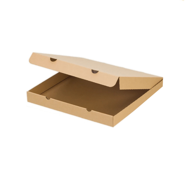 kraft cardboard pizza box with foldable lid on white background