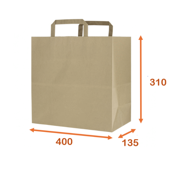 Bolsa grande de papel kraft marrón con asas planas, dimensiones 400x135x310 mm