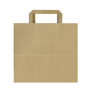 Front view of brown kraft paper bag with flat handle