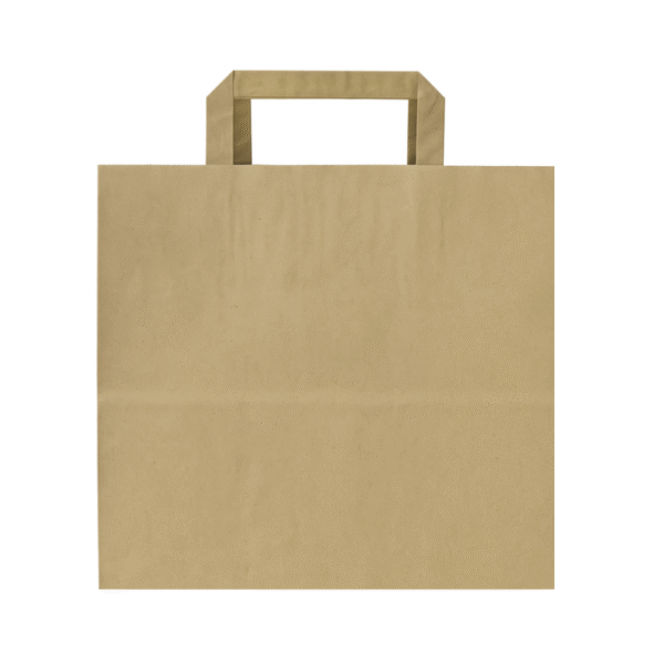 Vista frontal de bolsa de papel kraft marrón con asa plana
