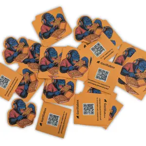 Collection of square stickers with colorful logo and QR code, ideal for packaging or social media promotion