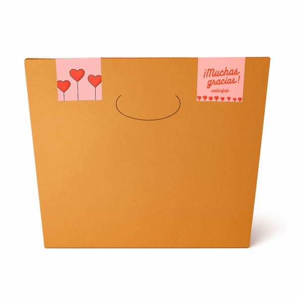 Pink heart-themed and thank-you stickers applied to a kraft takeaway paper bag