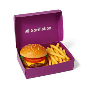 Purple Gorillabox food packaging with cheeseburger and fries inside