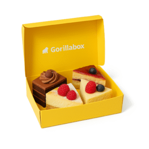 Gorillabox packaging with assorted cakes and desserts inside