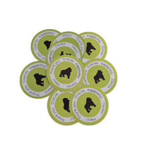 Circular sticker with logo and thank you in multiple languages