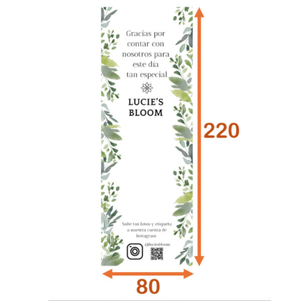 Rectangular floral sticker with dimensions 80 mm wide by 220 mm high, personalized for Lucie’s Bloom events